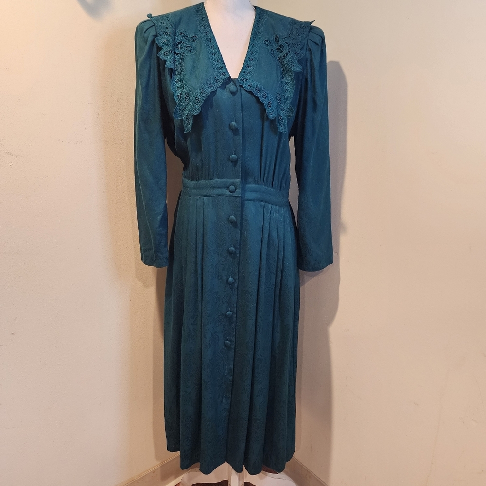 KARIN STEVES Vintage 80s Green  Teal Button-Up  Middi Dress 14
